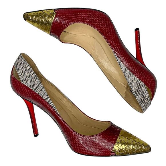 Christian Louboutin Snakeskin Embossed Cutout Pump EU 37.5 US 7.5 Red High Heels - Picture 6 of 12